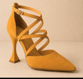 Mustard suede crisscross straps pump